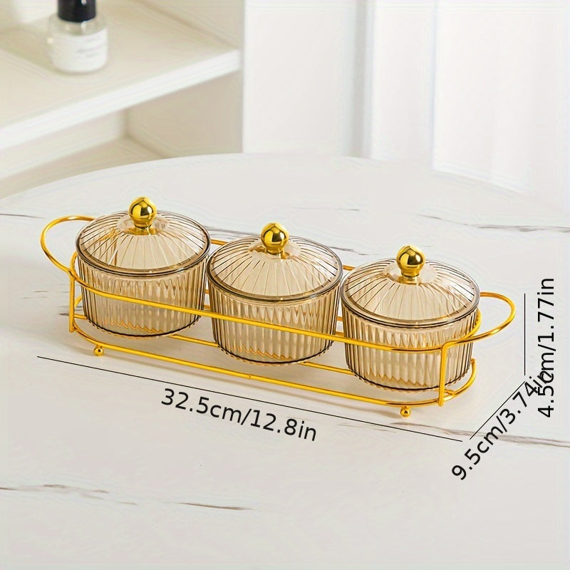 Elegant Plastic Snack Serving Set with Lids on Gold Tray for Dried Fruits and Candies