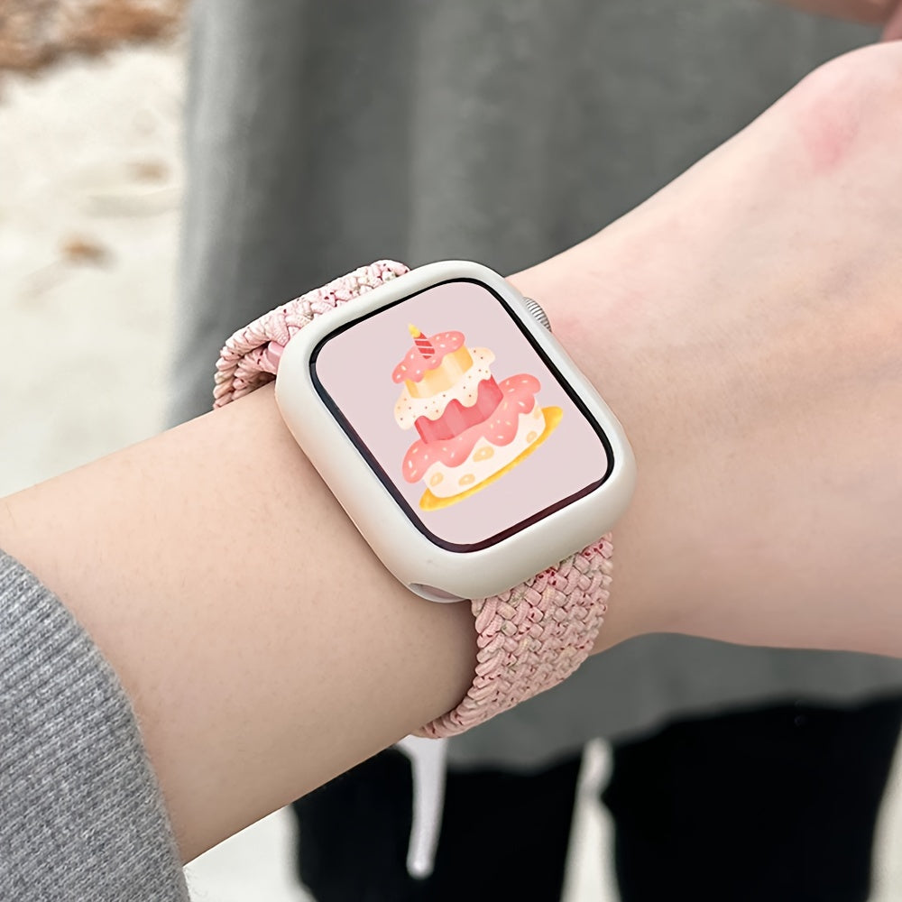 Adjustable Polyamide Watch Band Set with Breathable Elastic Woven Straps and Silicone Case for Apple Watch 38-49mm