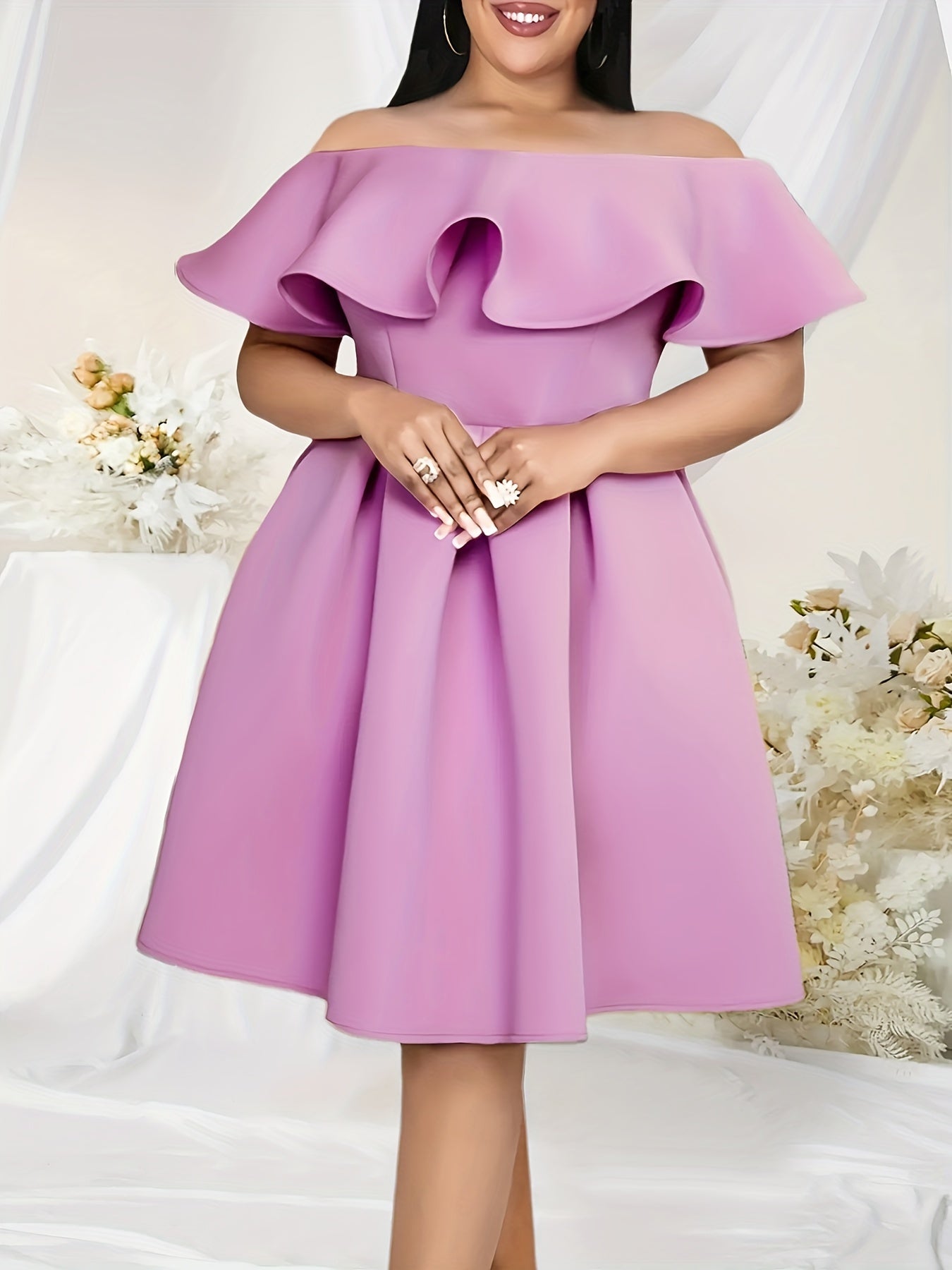 Women's Lavender Off-Shoulder A-Line Dress with Ruffled Sleeves