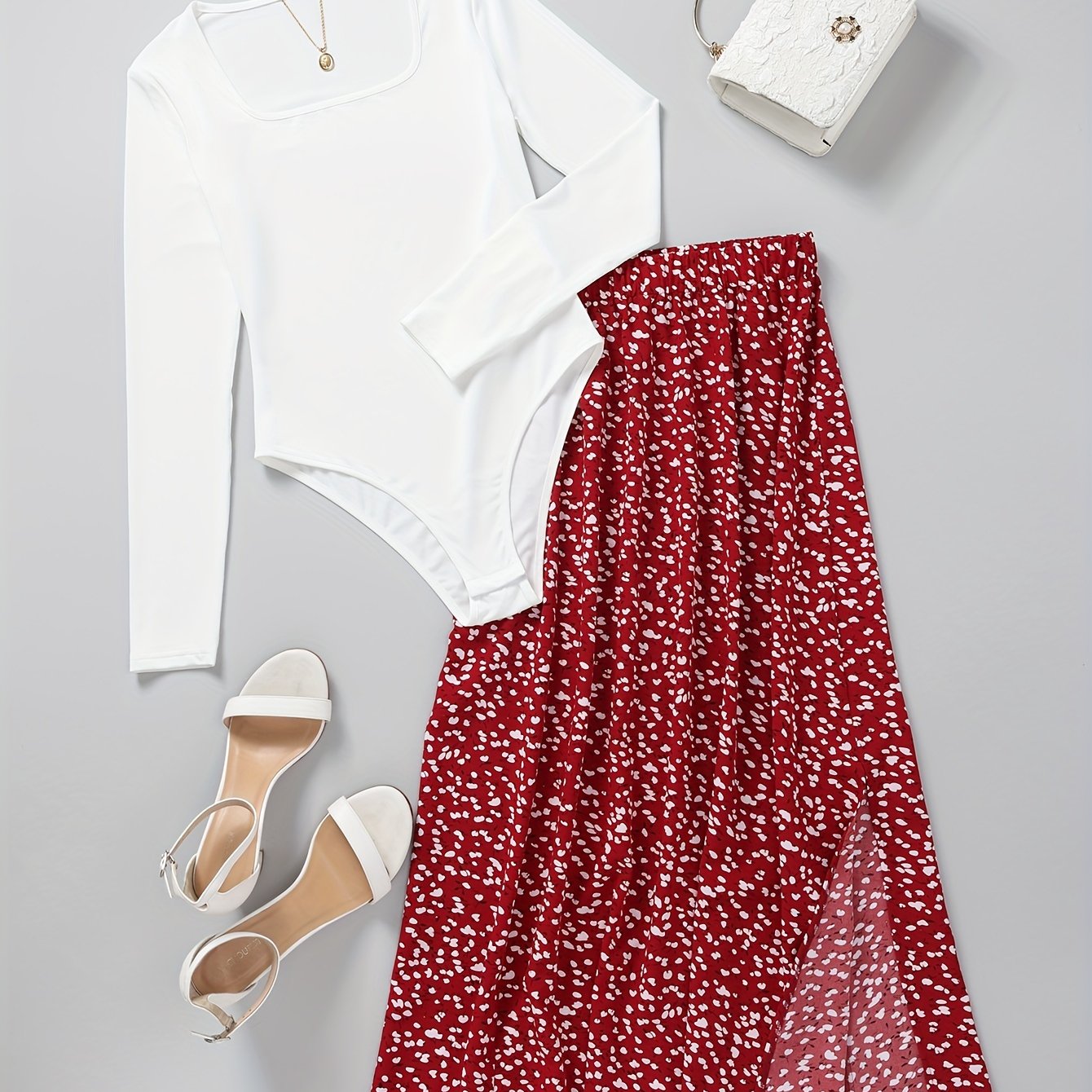 Ayollar uchun zamonaviy ikki qismli kiyim: uzun qo'l bodysuit va polyester aralashmasidan tayyorlangan gullar bilan bezatilgan yubka, kvadrat bo'yin, mashinada yuvish mumkin - bahor/yaz uchun ideal.