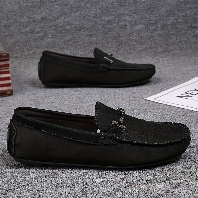 Men's Leather Loafers with Metal Accent Casual Slip-On Shoes for Street Wear