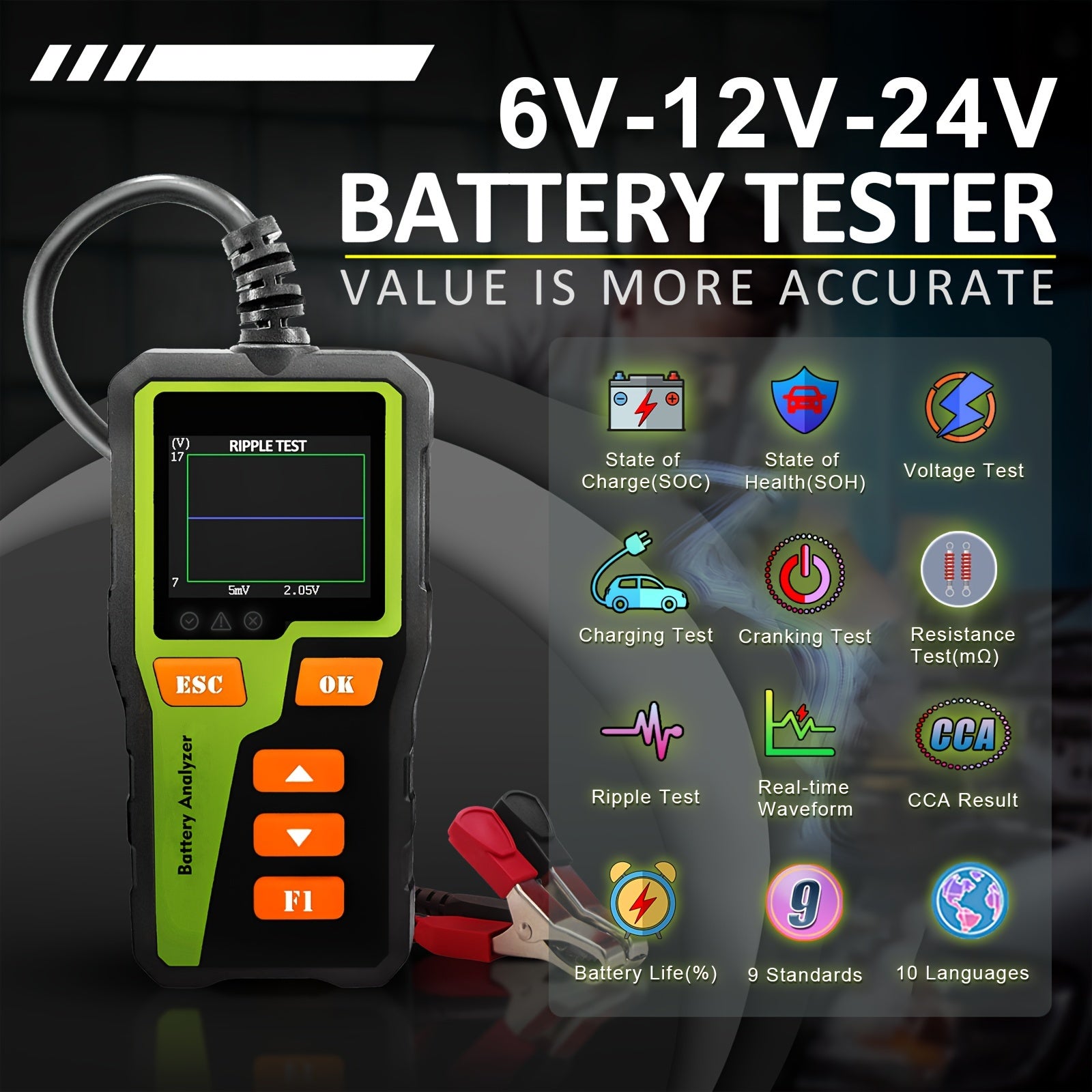 12V 24V Avtomobil batareyasi testlovchi analizator, avtomobil batareyasi tizimini tekshirish uchun SOC SOH ichki qarshilik bilan