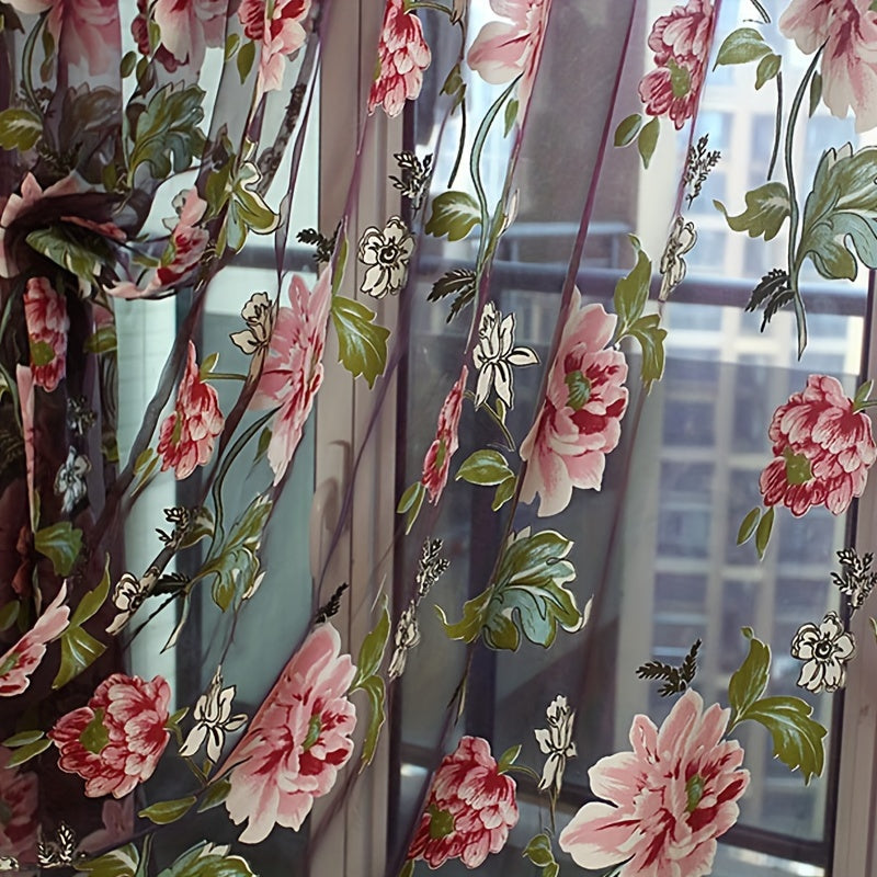 Floral Tulle Sheer Curtain Panel with Rod Pocket Purple Yellow Flowers Living Room Decor