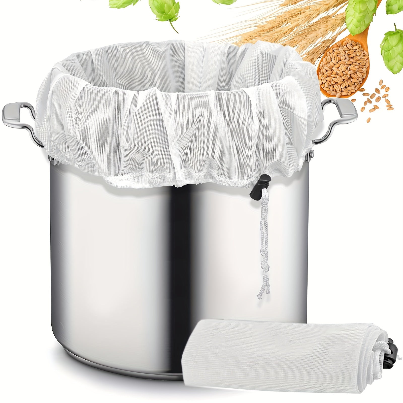 Большой, прочный мешок для заваривания с мелкой сеткой - 66,04 см x 55,88 см, регулируемый шнурок для домашнего пивоварения. Отлично подходит для хмеля, зерна и фруктового вина для пивоварения.