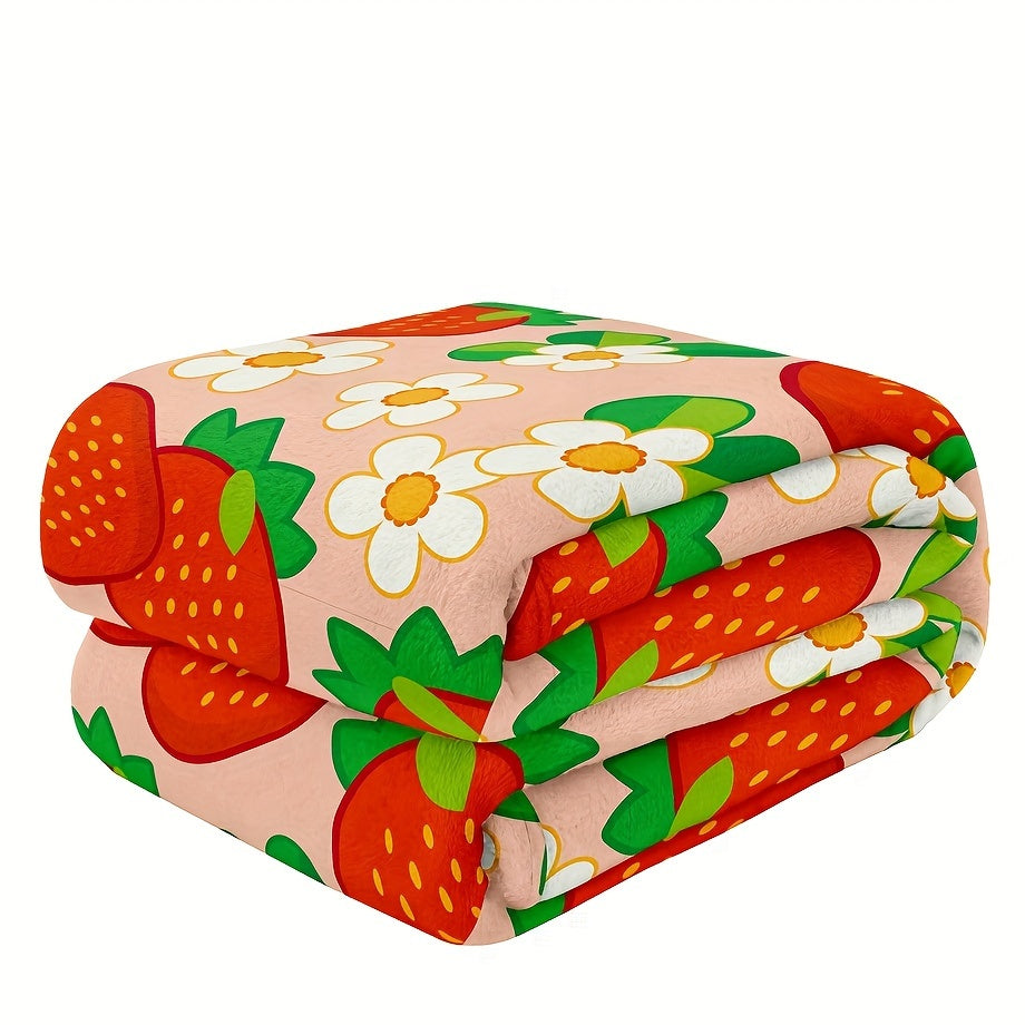 All-Season Microfiber Throw Blanket with Strawberry and Flower Pattern for Women