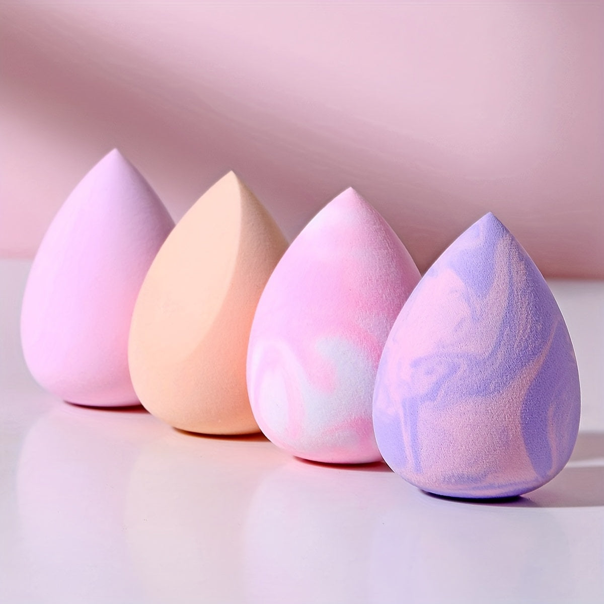 Kit de esponjas de maquillaje rosa de 4 piezas, esponjas en forma de gota de agua para líquidos y polvos