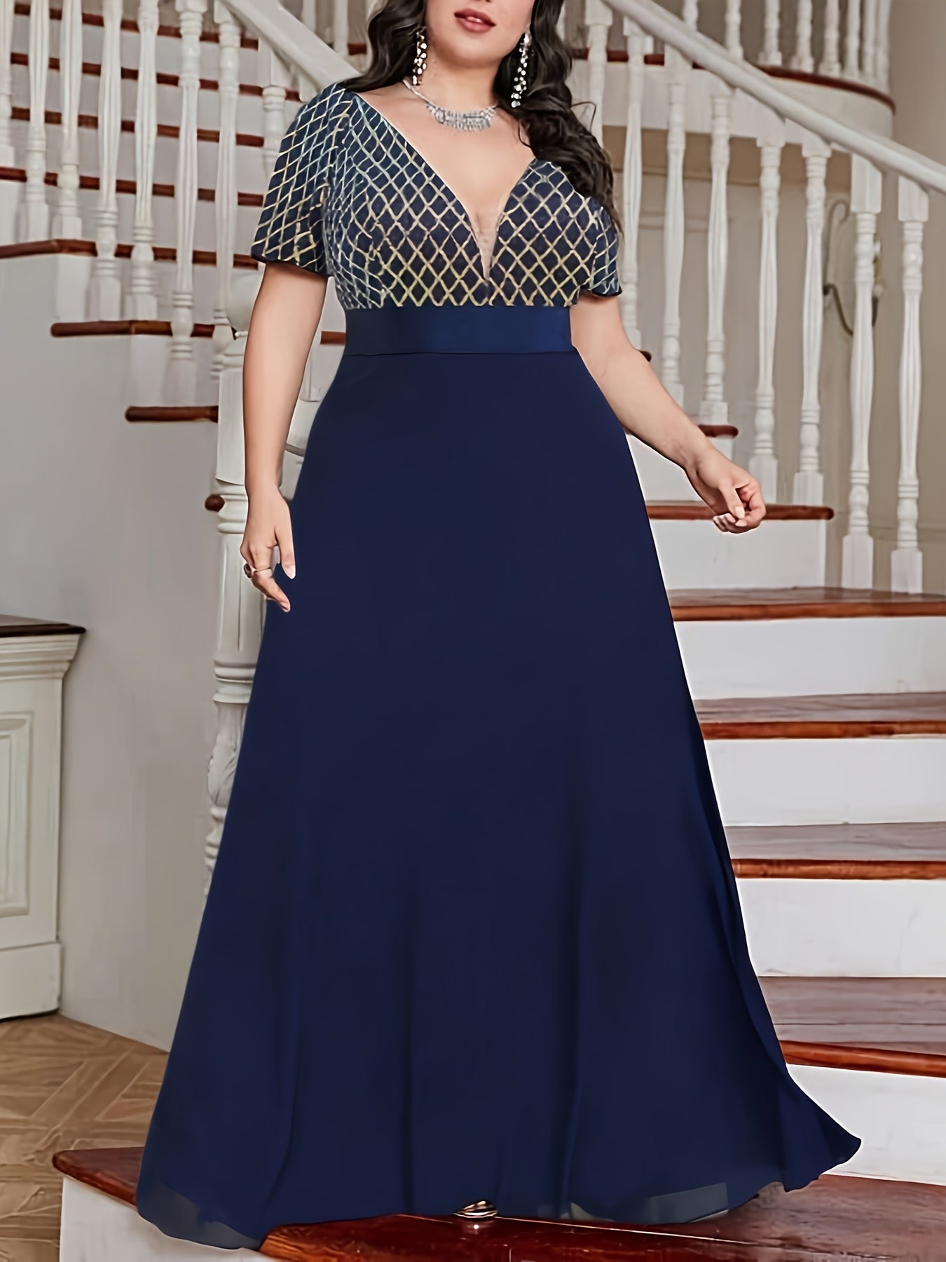 Plus Size Black Geometric Sequin Dress for Weddings and Parties