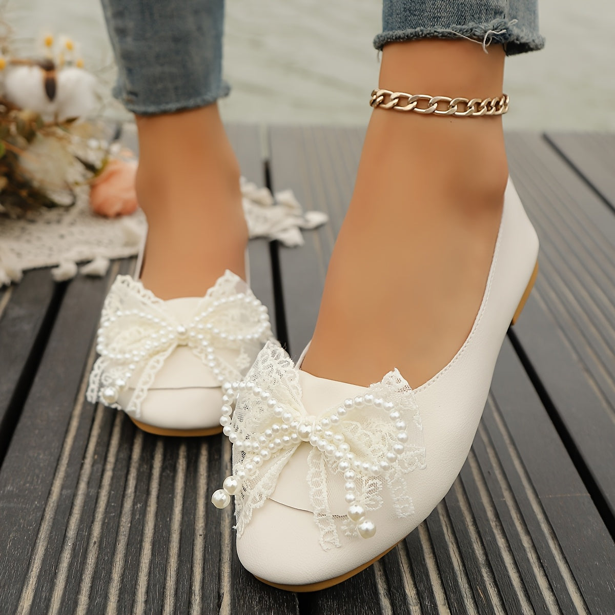 Women's White Faux Leather Slip-On Ballet Flats with Bow Embellishments