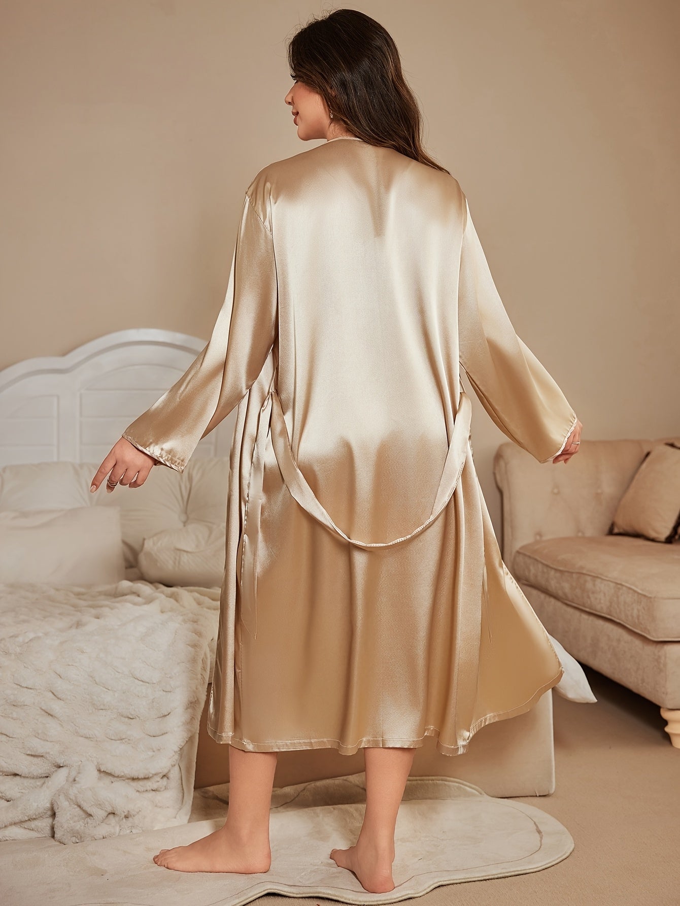 Plus Size Lace Spliced Sleepwear Set with Tie-Back Nightwear Two-Piece