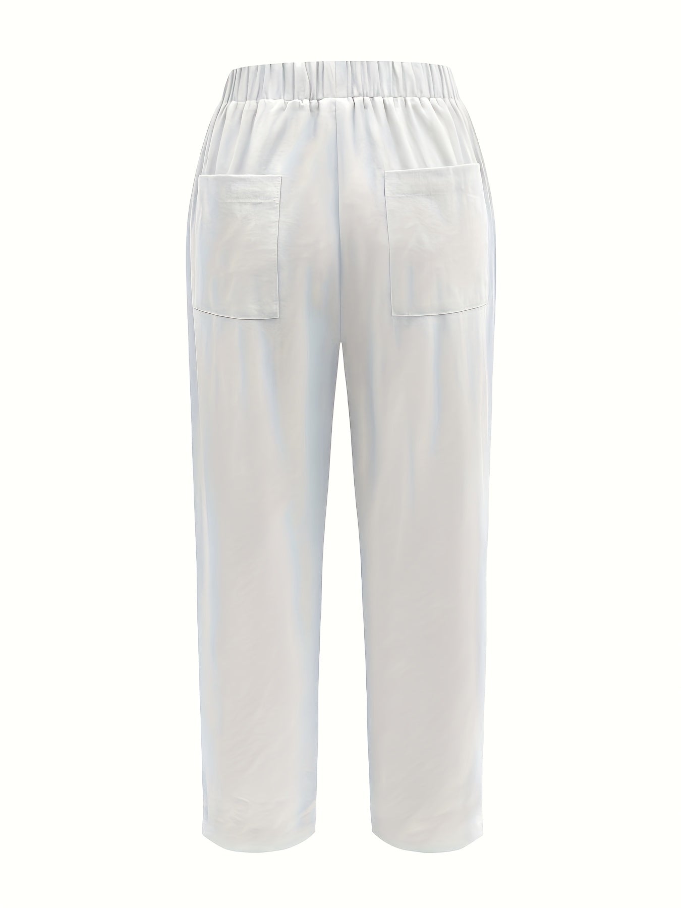 Pantalones de pierna ancha de talla grande con bolsillos con ribete de encaje, color sólido, casual, para todas las estaciones