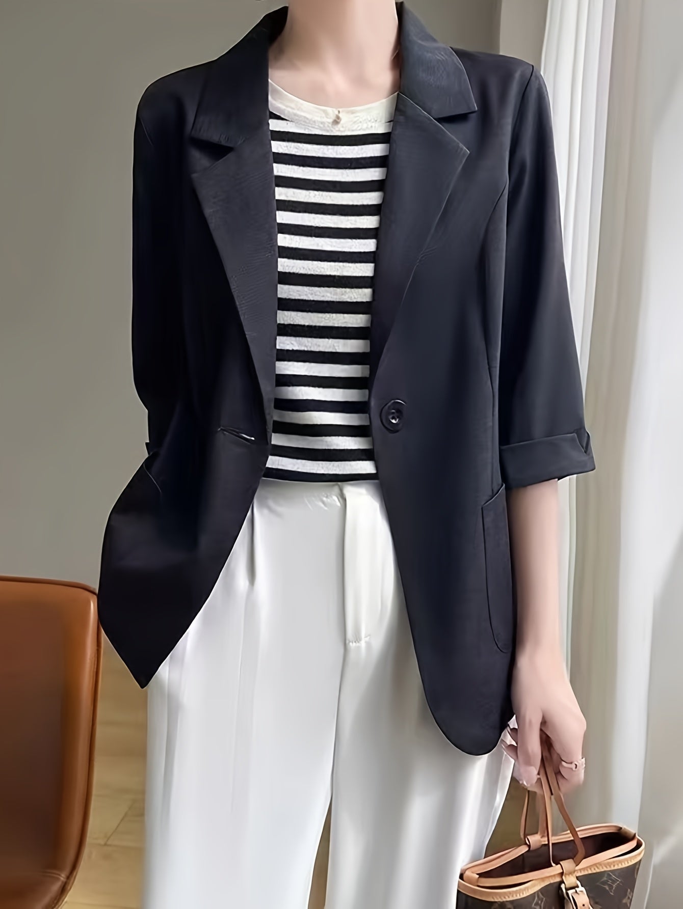 Plus Size Women's Rayon Linen Blazer Slim-Fit Black Business Coat