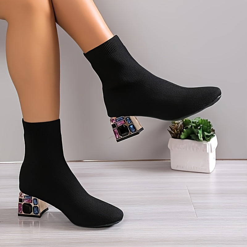 Women's Knit Ankle Boots with Chunky Heels Black Ribbed Slip-On Shoes