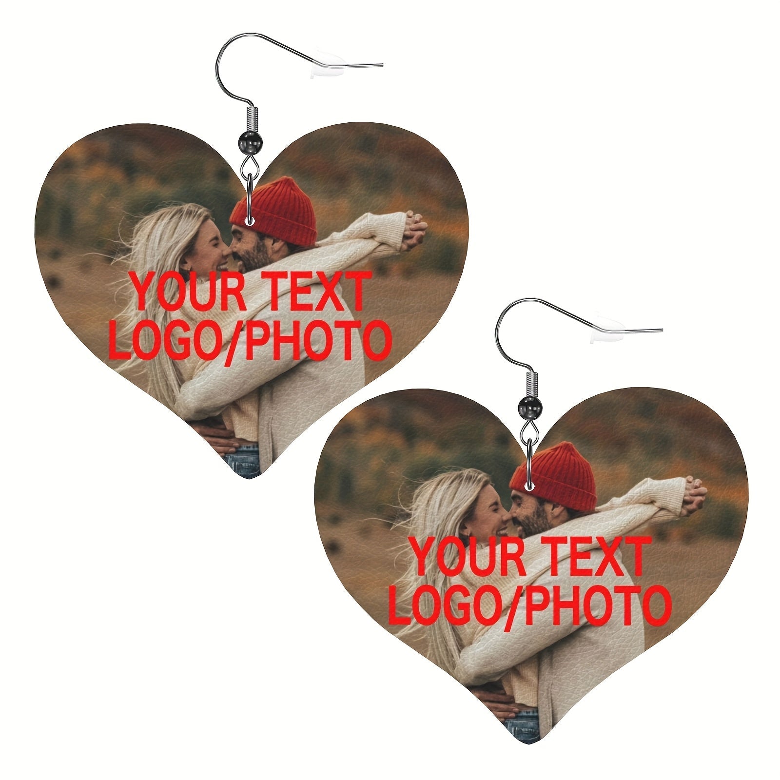 Pendientes de cuero en forma de corazón personalizados con texto o foto, plateados en plata, joyería elegante
