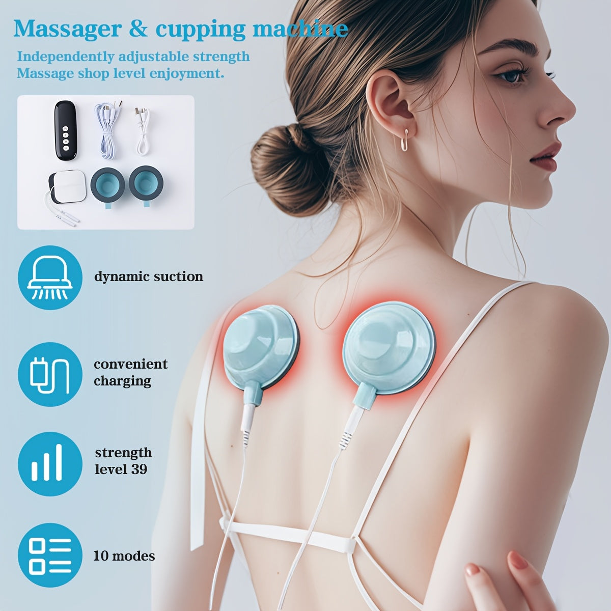 10 rejim, 39 intensivlik darajasi bilan zaryadlanadigan massaj asbobi. Suyuq qopqoq, plastinkalar va USB zaryadlashni o'z ichiga oladi. Shaxsiy farovonlik va og'riqni kamaytirish uchun portativ va ko'p funksiyali. Foydalanish oson.
