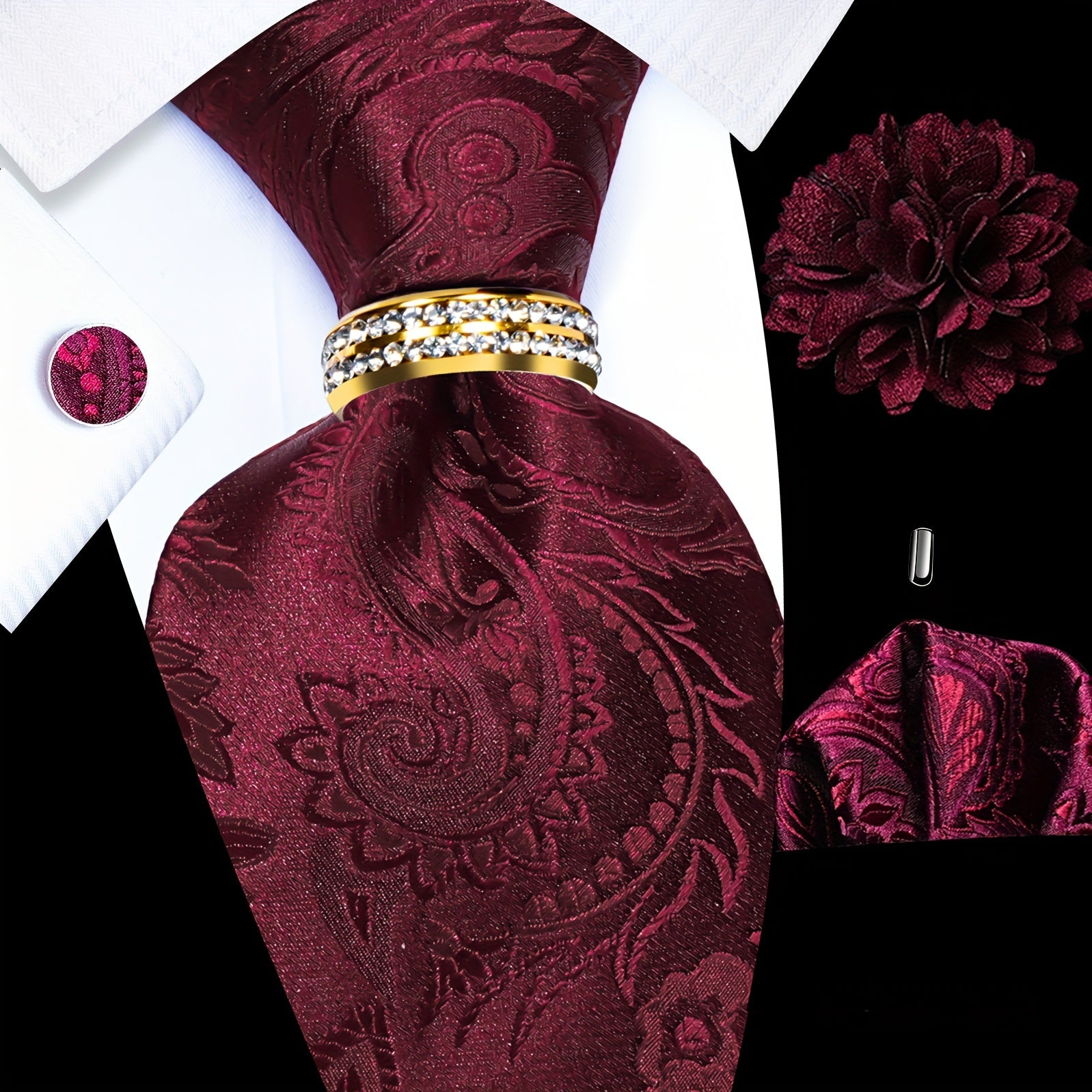 Men's Accessories Set Tie Pocket Square Cufflinks Lapel Pin Tie Ring for Wedding Groom