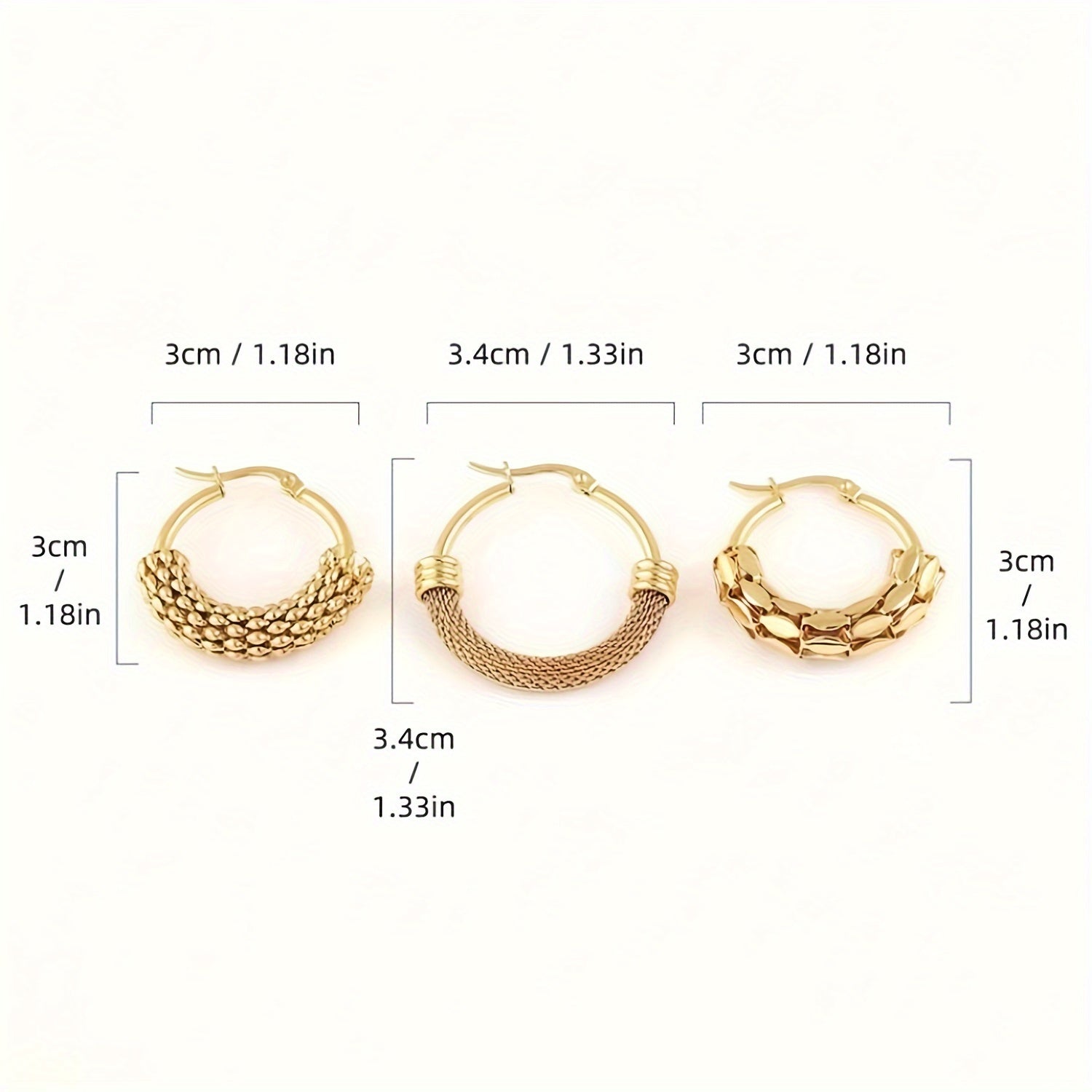 Set of 3 Stainless Steel Mesh Rice Ear Earrings for Women Trendy Jewelry