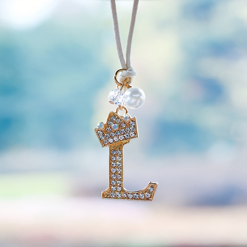 Alphabet Car Mirror Charm Set with Sparkling Crown Pendants for Vehicle Decoration