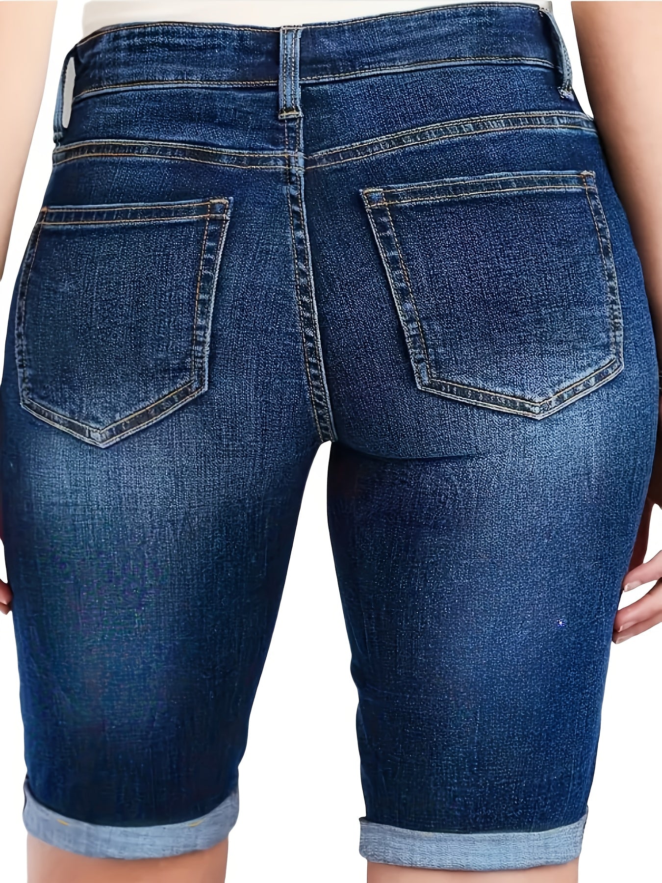 Plus Size Women's Stretch Denim Shorts Dark Blue Mid-Length Casual