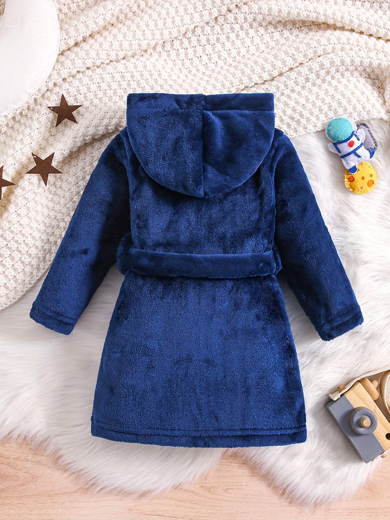 Kids Blue Flannel Hooded Bathrobe with Rocket Embroidery Cozy Thick Machine Washable