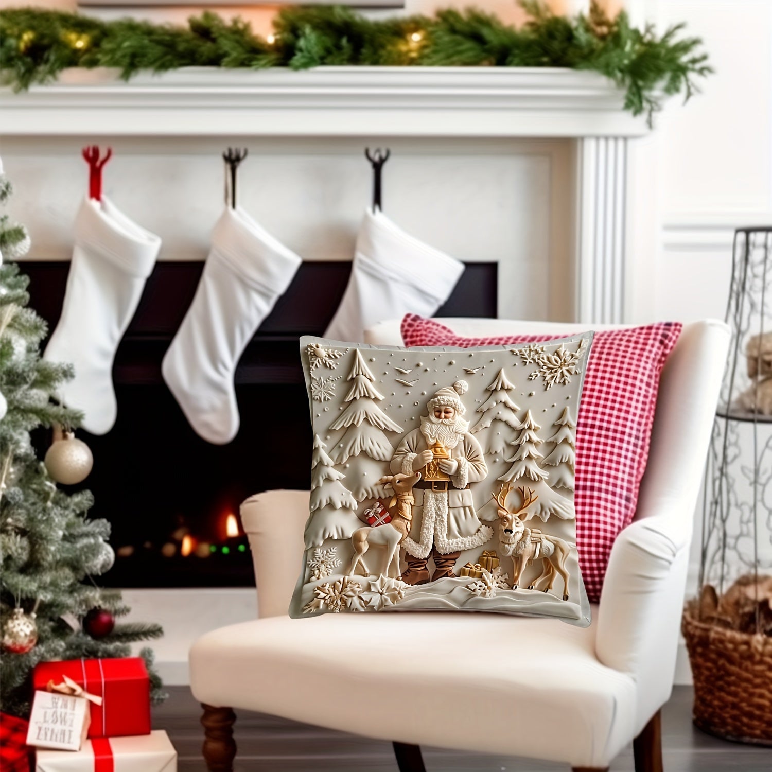 Rojdestvo Rəindeer va daraxtlar yostiq qoplami 44.96cm Bir tomonlama raqamli bosma Polyester divan bezaklari