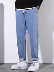 Men's Denim Pants Regular Fit Solid Wash Cotton Blend Casual Drawstring Waist