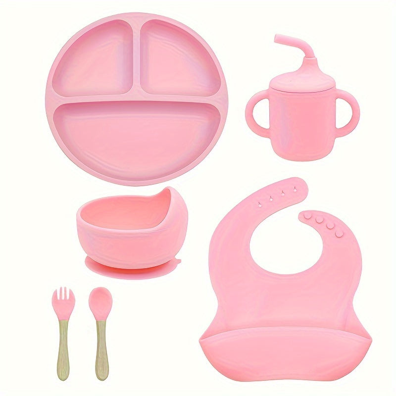 6-Piece Silicone Feeding Set with Divided Plate and Wooden Utensils for Self-Feeding