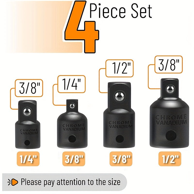 Ta'sirli kalit shlangi adapteri reduktor to'plami 4 dona, quvvatli asboblar uchun, 1/2 dan 3/8 gacha va 3/8 dan 1/4 gacha