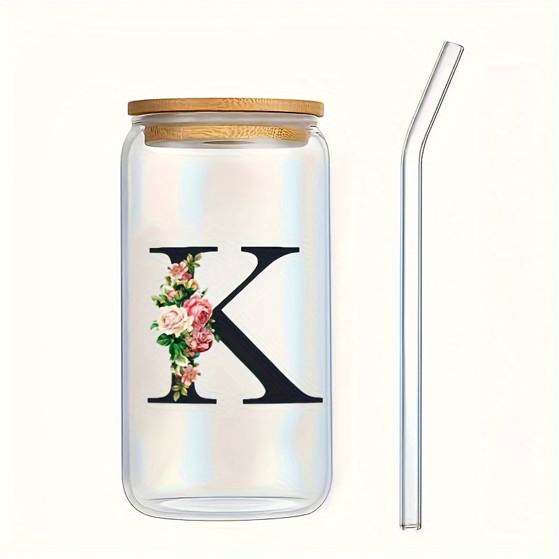 Flowers Drinking Glass with Bamboo Lid and Straw 16oz Coffee Mug for Women Girls