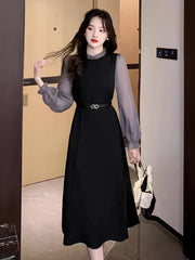 Color Block Ruffle Trim Dress Long Sleeve Aline Women's Spring Fall