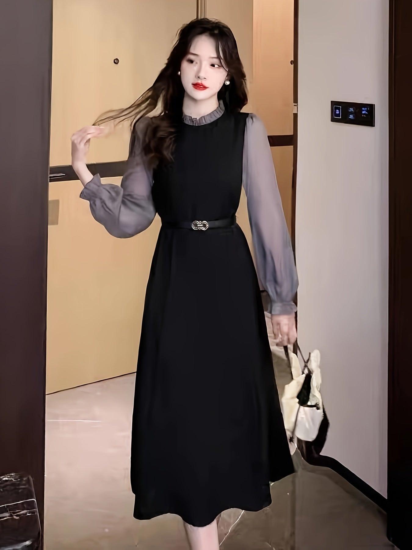 Color Block Ruffle Trim Dress Long Sleeve Aline Women's Spring Fall