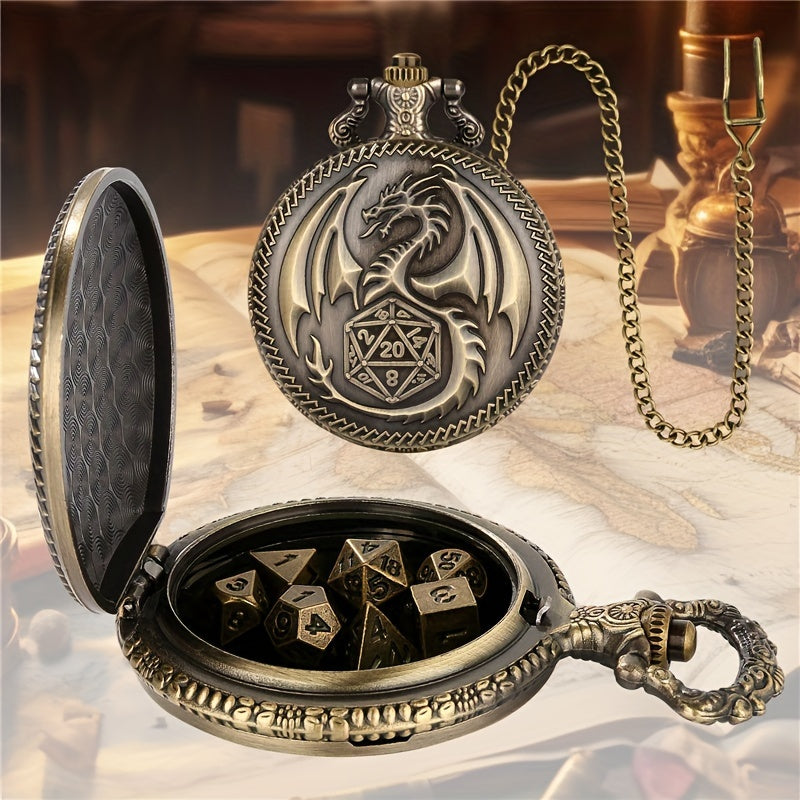 Vintage Dragon Alloy Pocket Watch with Chain and 7-Piece Dice Set for Role-Playing Games