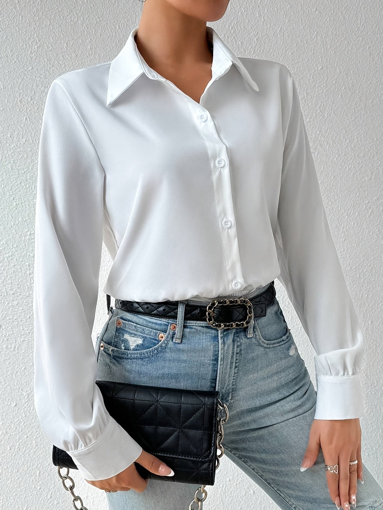 Body de manga larga de color sólido para mujer con cuello y botones en el frente