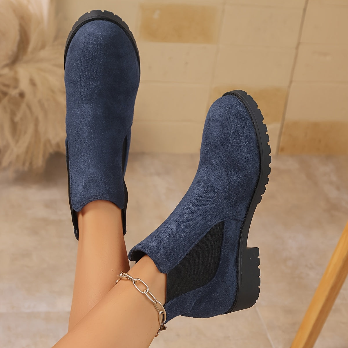 Women's Chunky Mid-Heel Ankle Boots Textured Fabric Black Navy Olive Brown