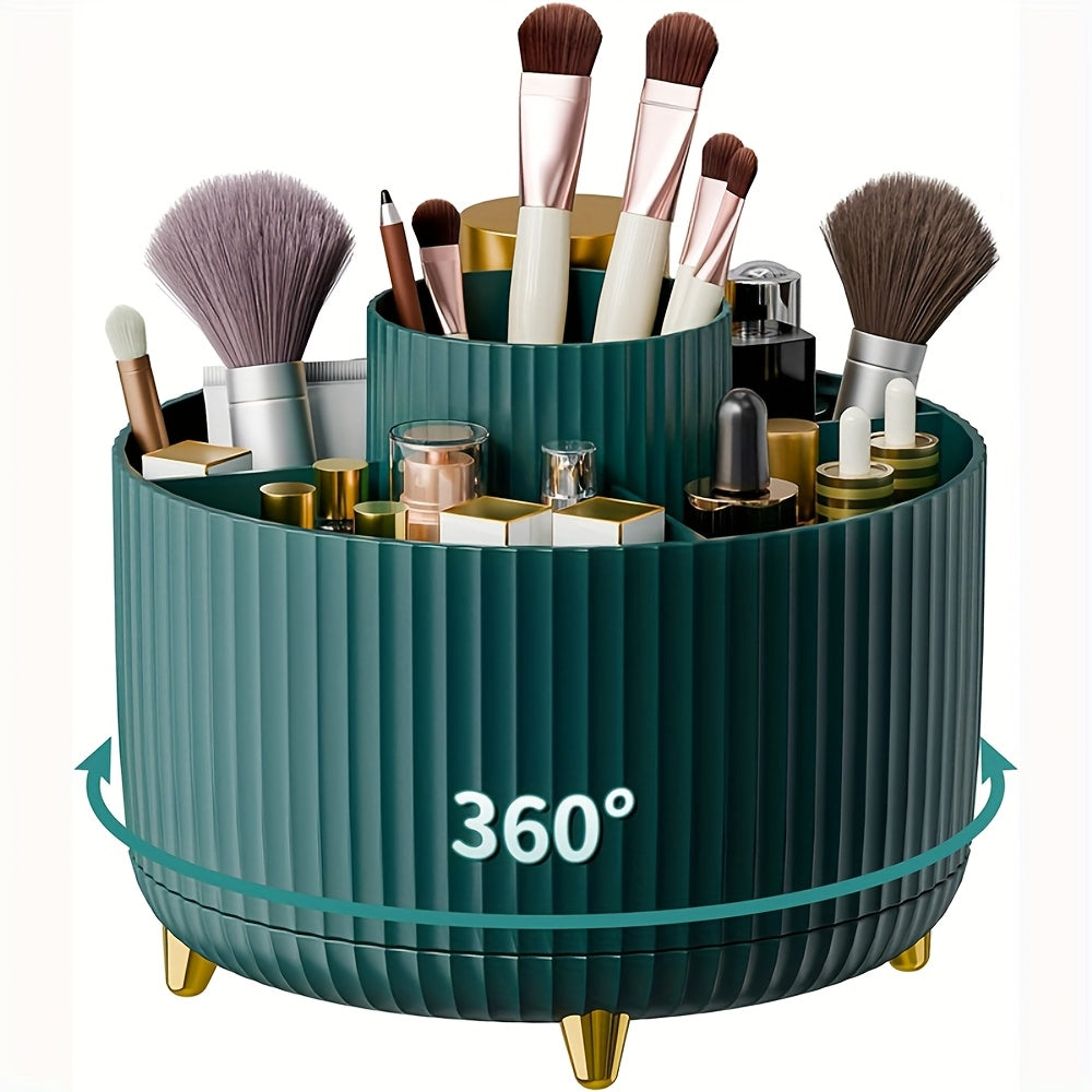 360° Rotating Makeup Organizer with 5 Compartments Plastic Storage Box for Brushes Lipsticks and Skincare