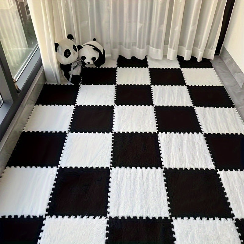 Set of 12 Water-Resistant Plush Interlocking Area Rug Tiles 29.97cm Solid Color