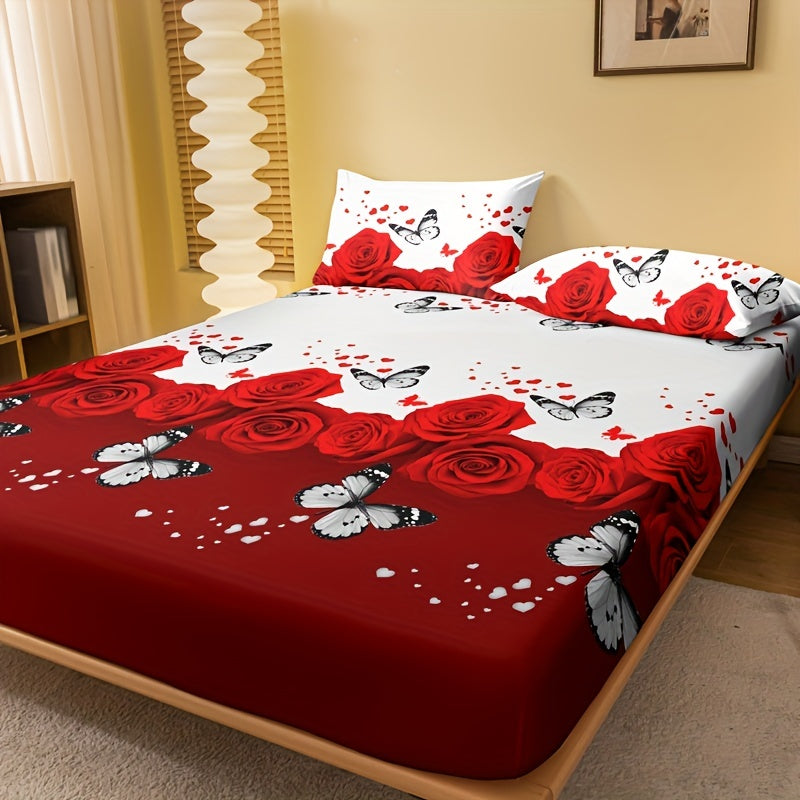 Red Rose Print Fitted Sheet Deep Pocket Mattress Protector Bedding
