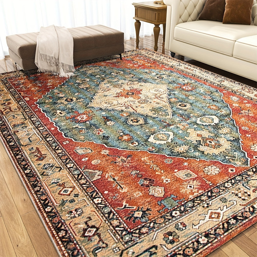 Vintage Persian-Inspired Red Area Rug, Machine Washable, Indoor Rectangle Mat