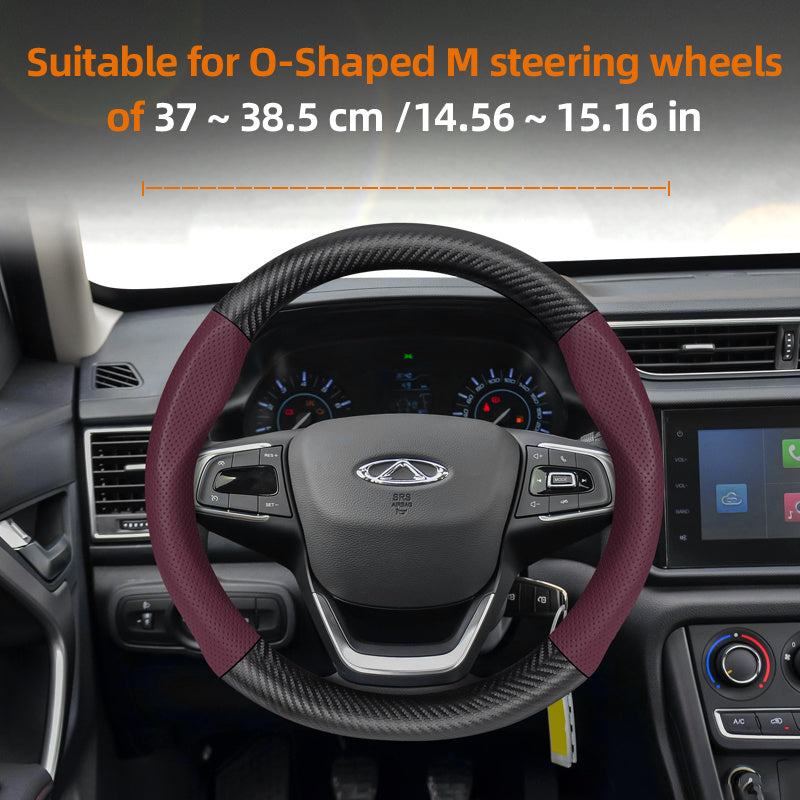 Leather Steering Wheel Cover Carbon Fiber Textured Breathable Black Burgundy Mocha Orange