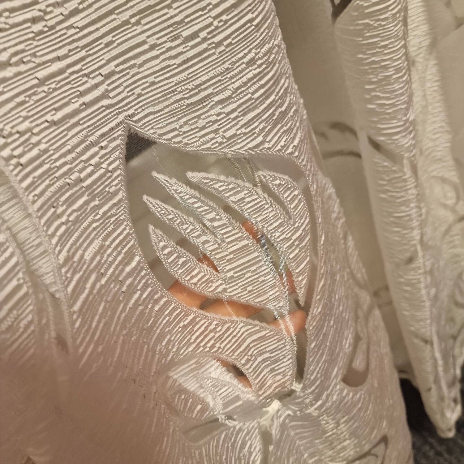 White Sheer Curtain with Leaf Design, Bark Texture Fabric, Rod Pocket Top