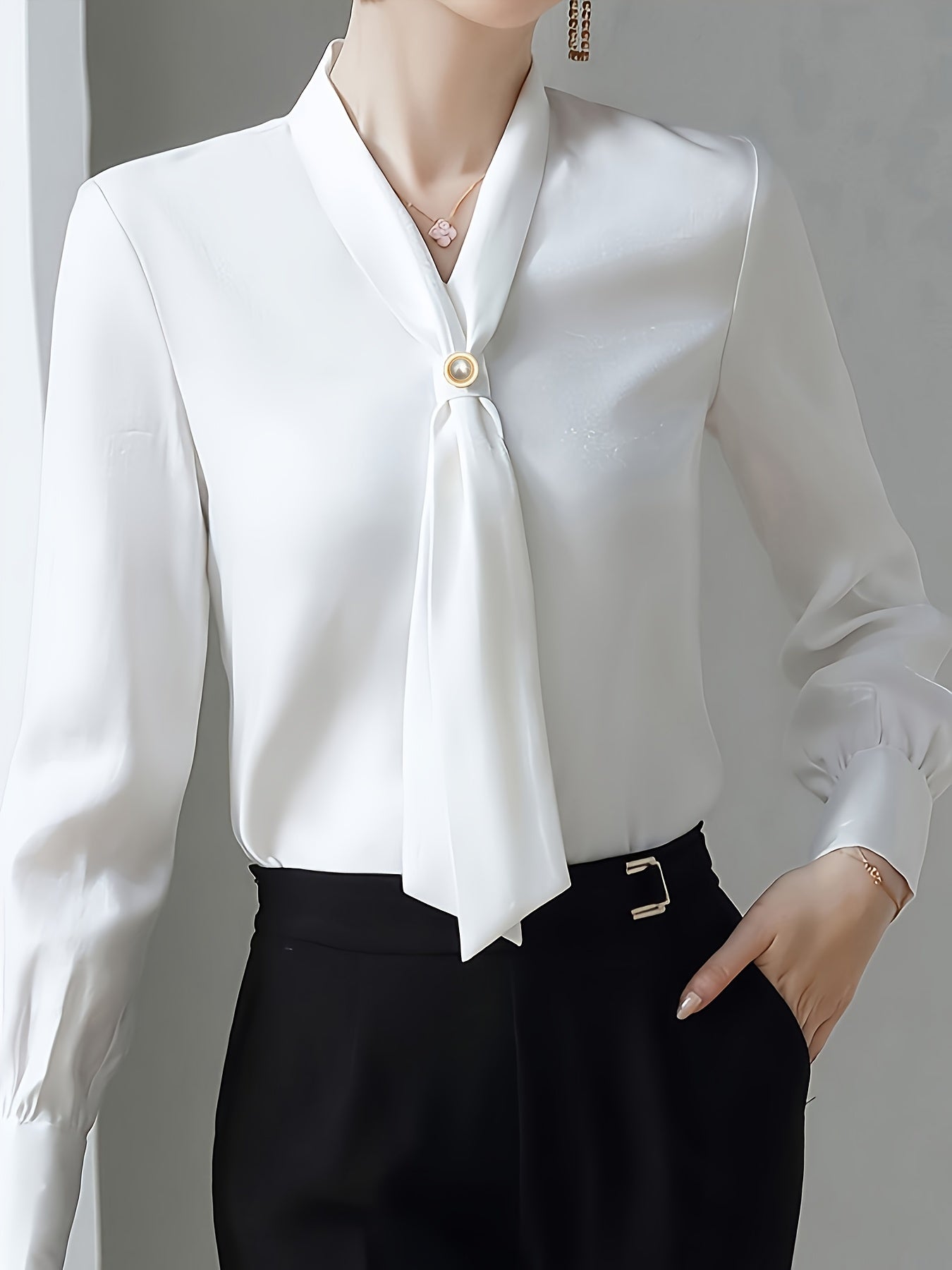 Women's V-Neck Blouse with Bow Tie Decoration Polyester Solid Color Regular Fit All Seasons