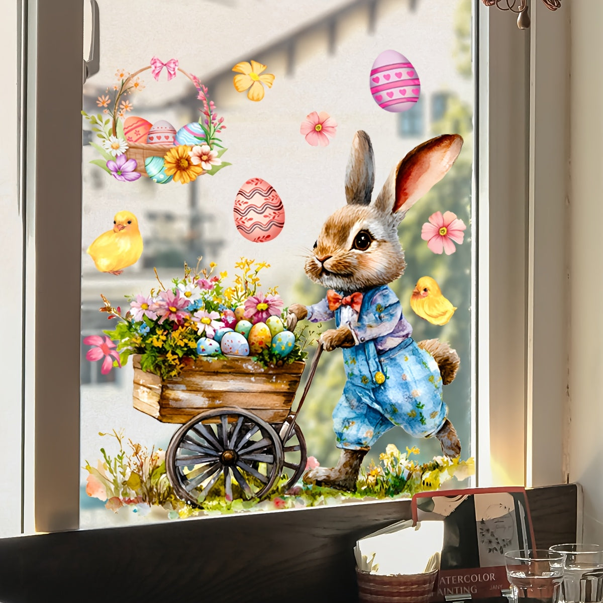 Easter Glass Window Sticker Bunny Cart with Eggs Decorative Decal