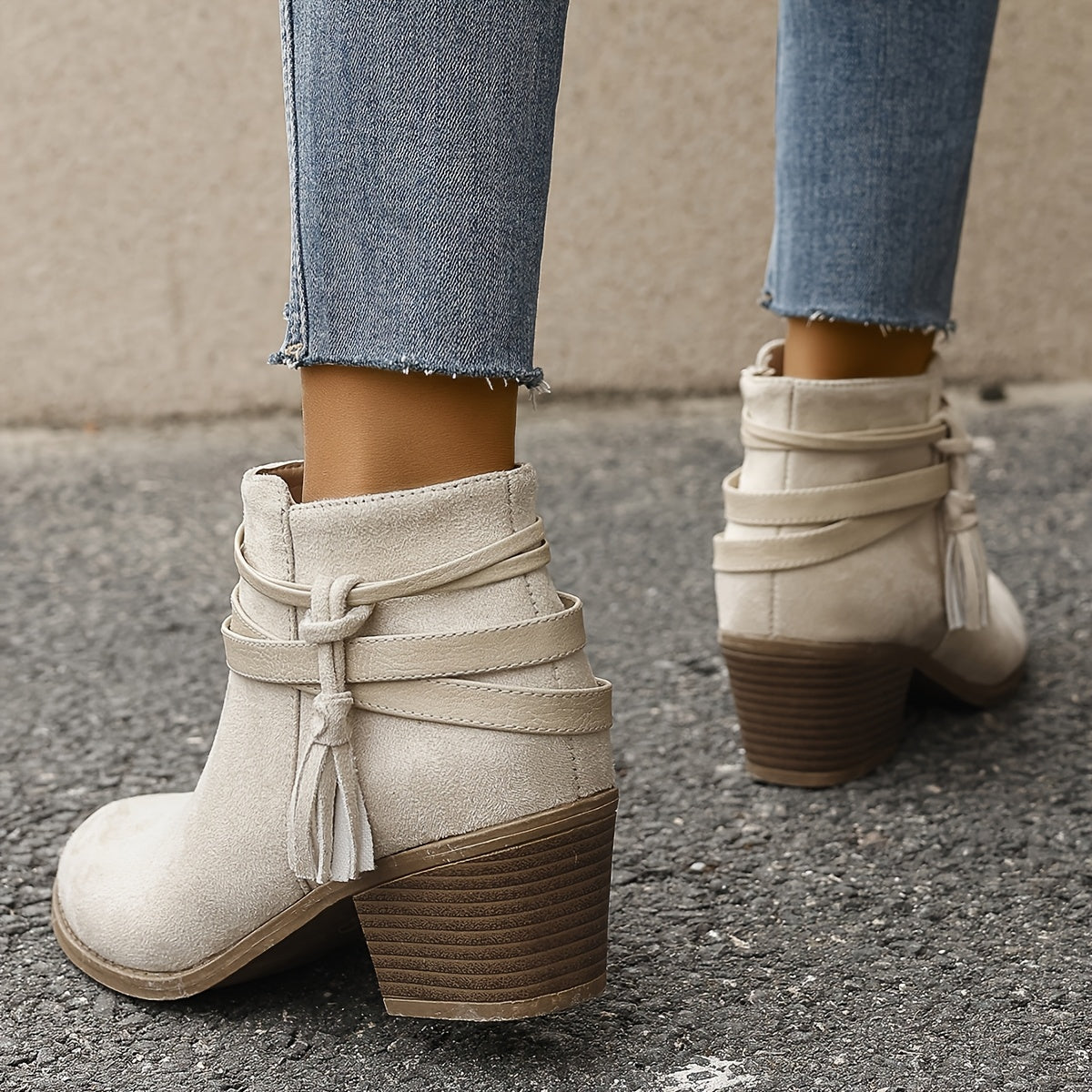 Women's Fabric Mid-Heel Ankle Boots with Tassel & Side Zipper