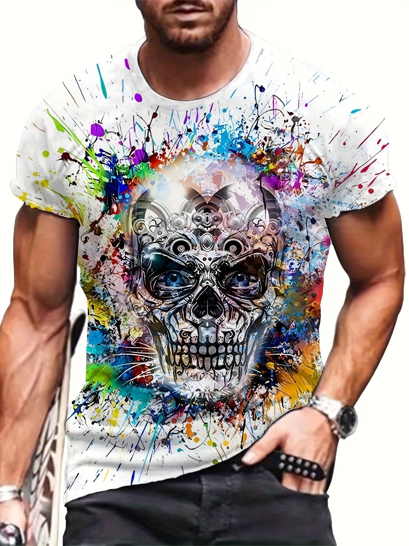 Men's 3D Skull Print T-Shirt Casual Quick-Dry Polyester for Running Hiking Camping