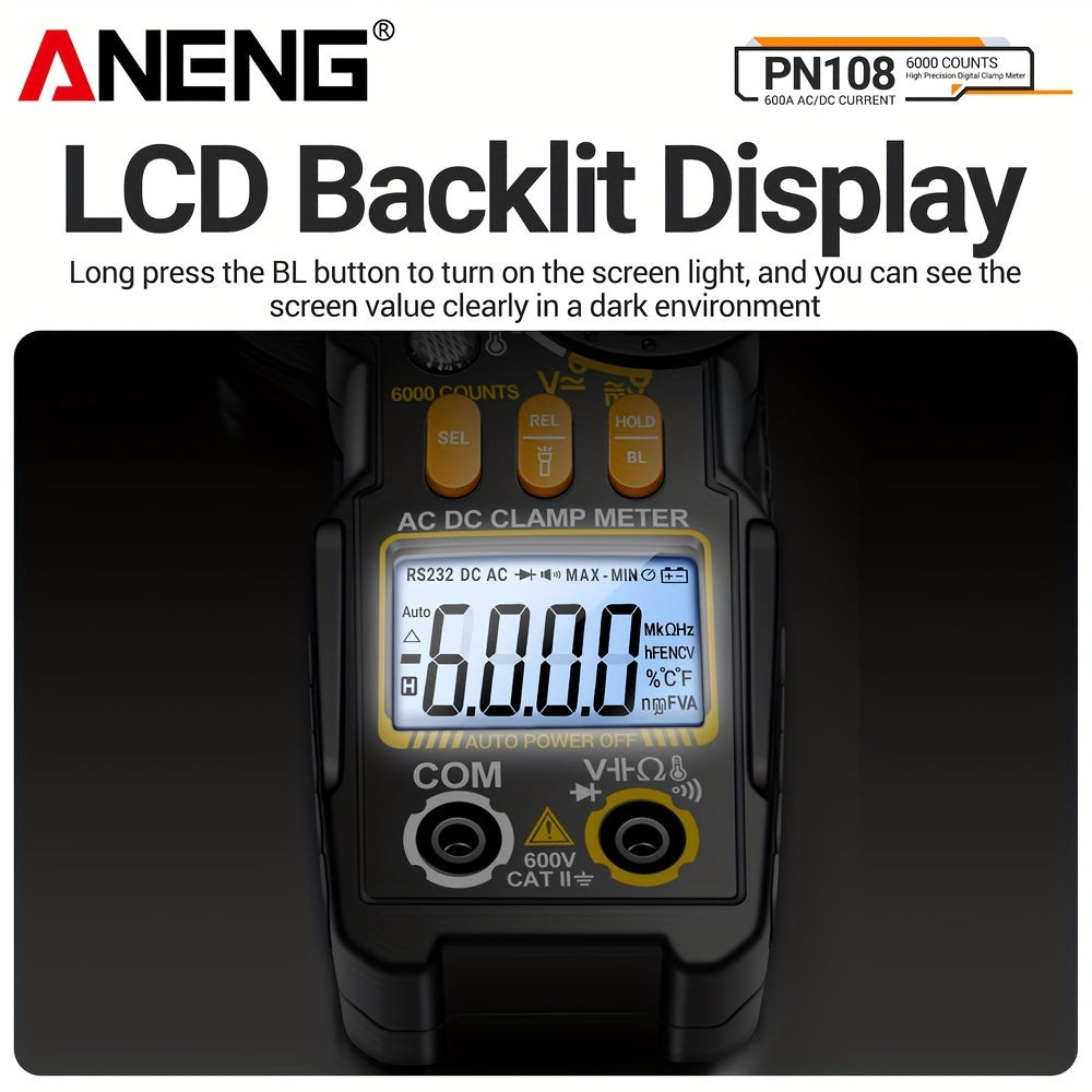 Clamp Meter with 6000 Counts for AC/DC Voltage, 600A Current, Resistance and Capacitance