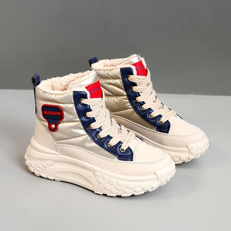 Women's Fleece-Lined Platform Ankle Boots Winter Casual Lace-Up Black Brown Beige