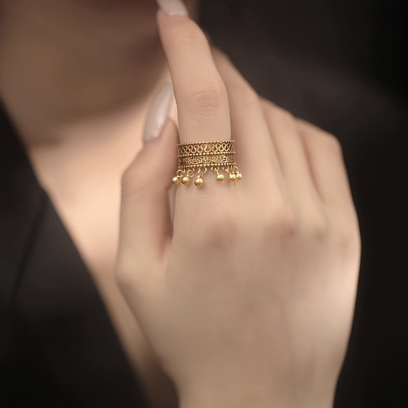 Copper Adjustable Cuff Ring with Rose Gold Plating Filigree Open Design Charms Tassels for Women