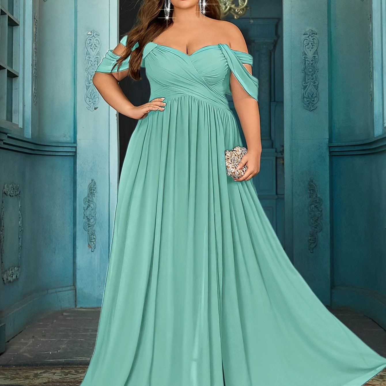 Plus Size Teal Maxi Dress Women Off-Shoulder Ruched A-Line Evening