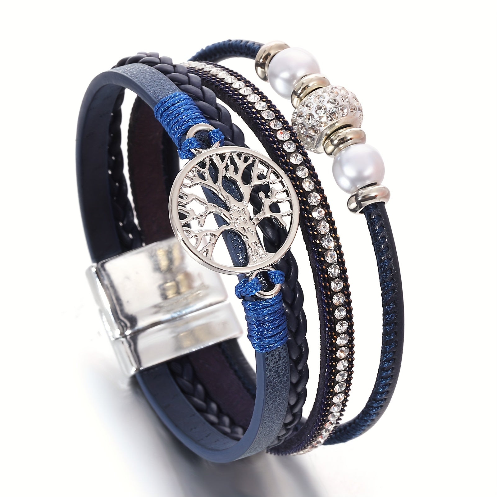 Multi-Layer Faux Leather Wristband with Tree of Life Charm and Rhinestones