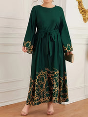 Women's A-Line Dress with Chain Print Crew Neck Long Sleeves Belt All-Season Polyester