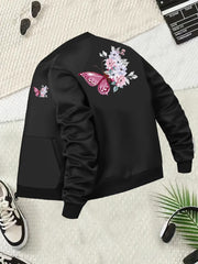 Women's Black All-Season Jacket with Floral Pockets Plus Size